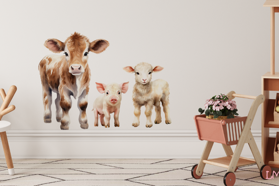 Muurstickers boerderijdieren kalfje biggetje en lammetje