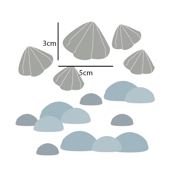 Stenen en schelpjes muurstickers uit de Fishie Fishies collectie met de afmetingen erbij