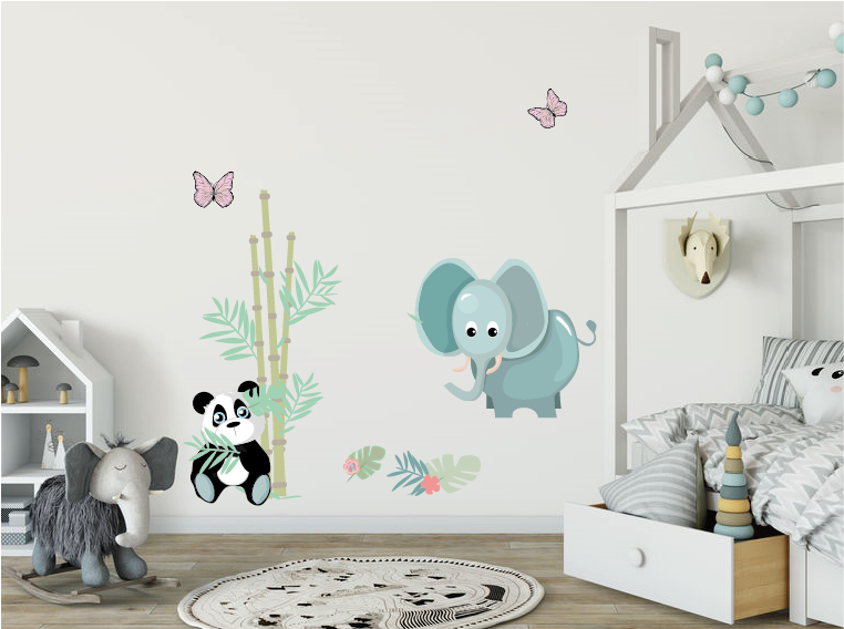 Jungle olifant en panda muursticker op de muur geplakt in de kinderkamer