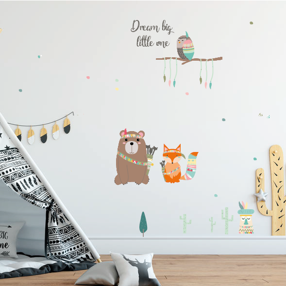 Indianen dieren - Tekst muursticker; Dream big little one - LM Baby Art