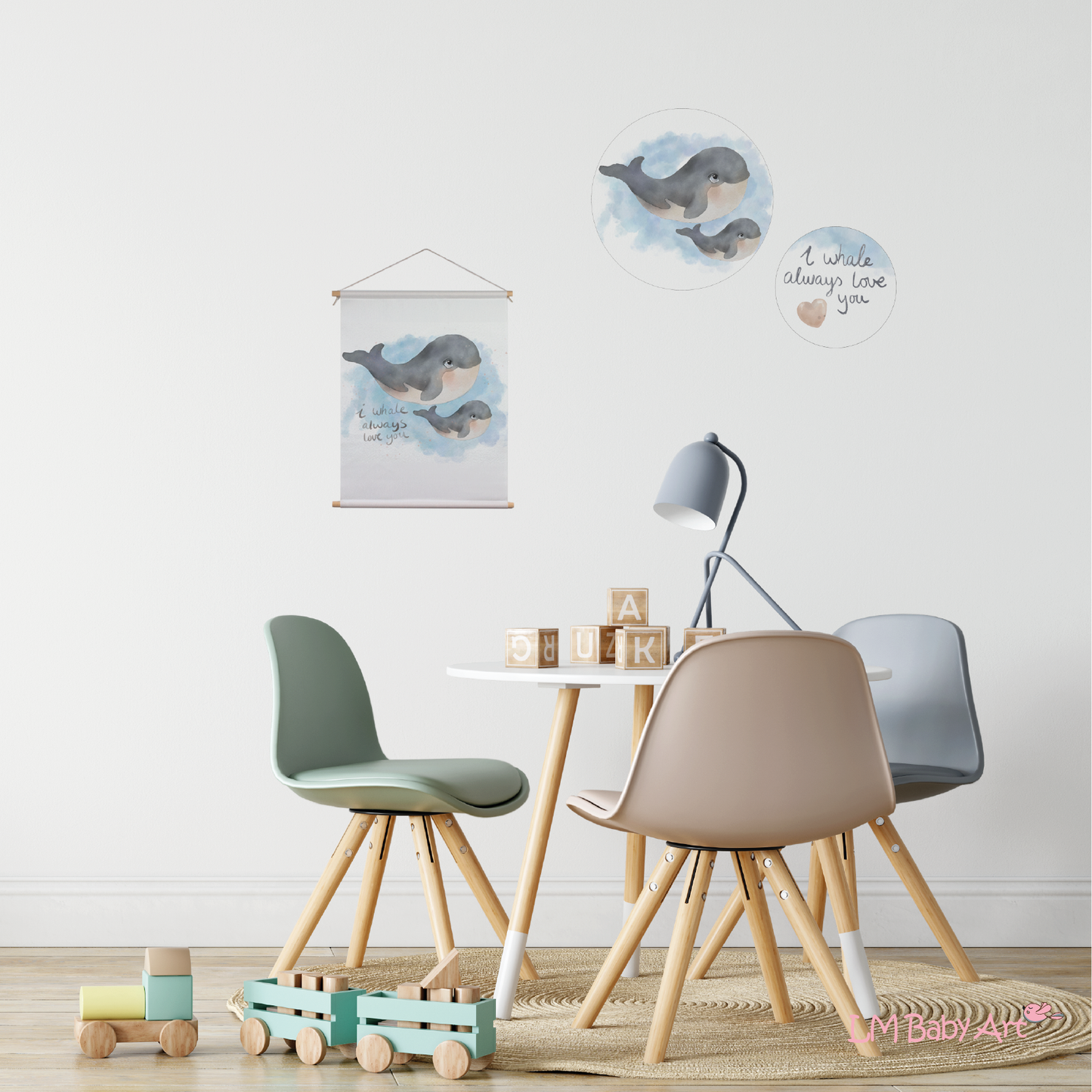 Muurcirkel walvissen | 30x30cm - LM Baby Art | Muurdecoratie voor de allerkleinsten