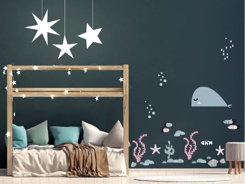 De Fishie Fishies muursticker collectie op de muur geplakt