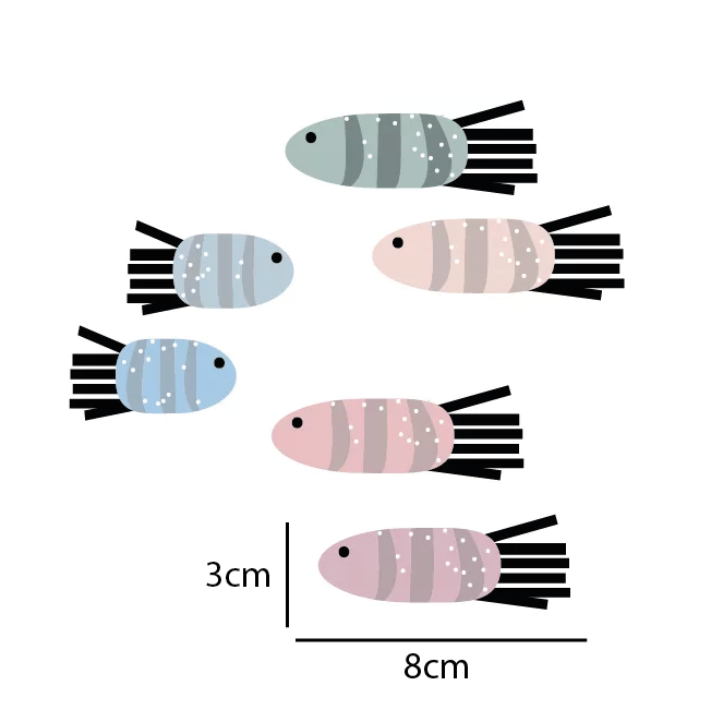 Afmetingen van de gekleurde visjes muurstickers uit de Fishie Fishies muursticker collectie