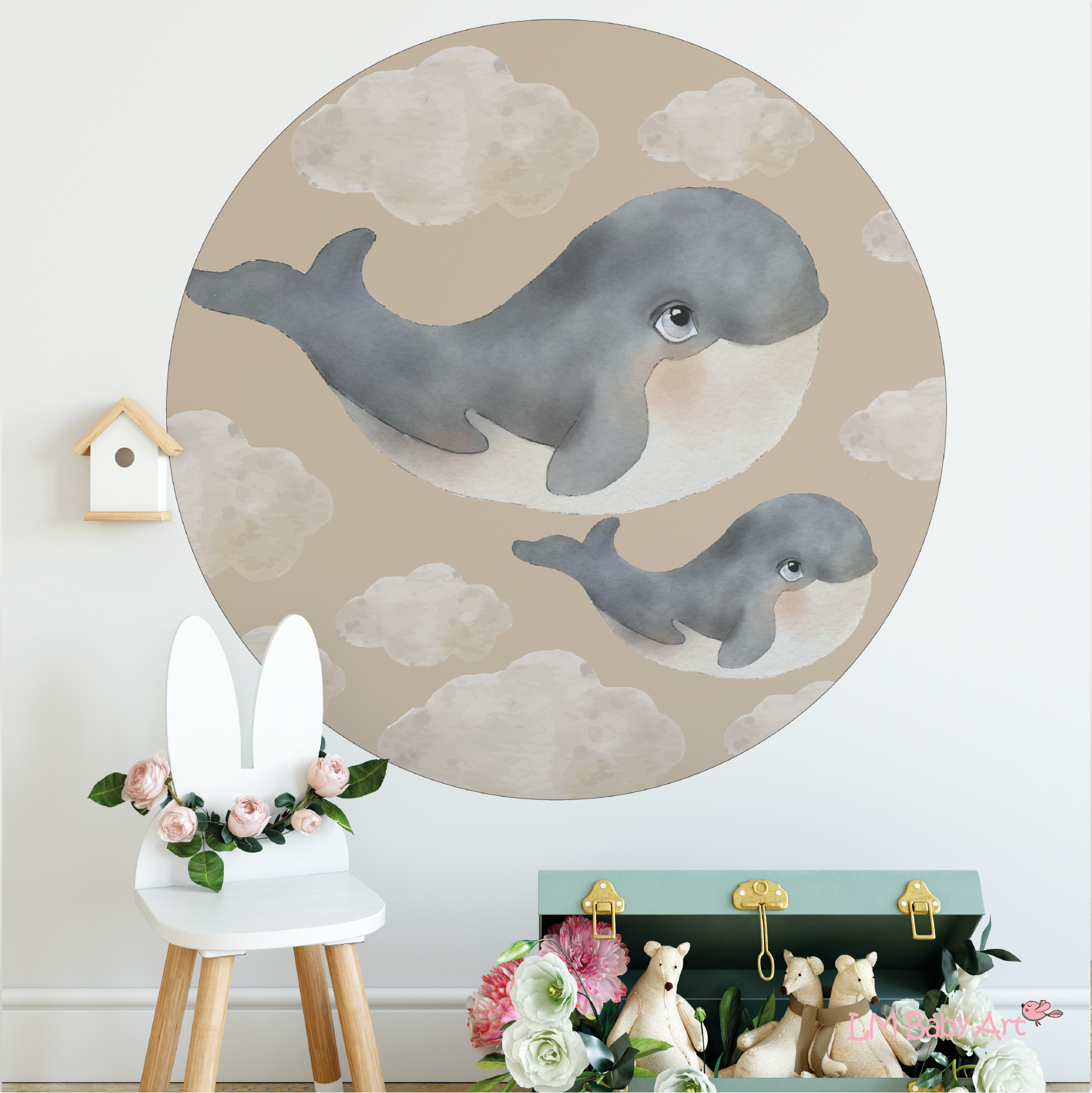 Muurcirkel walvissen roze wolk - LM Baby Art 