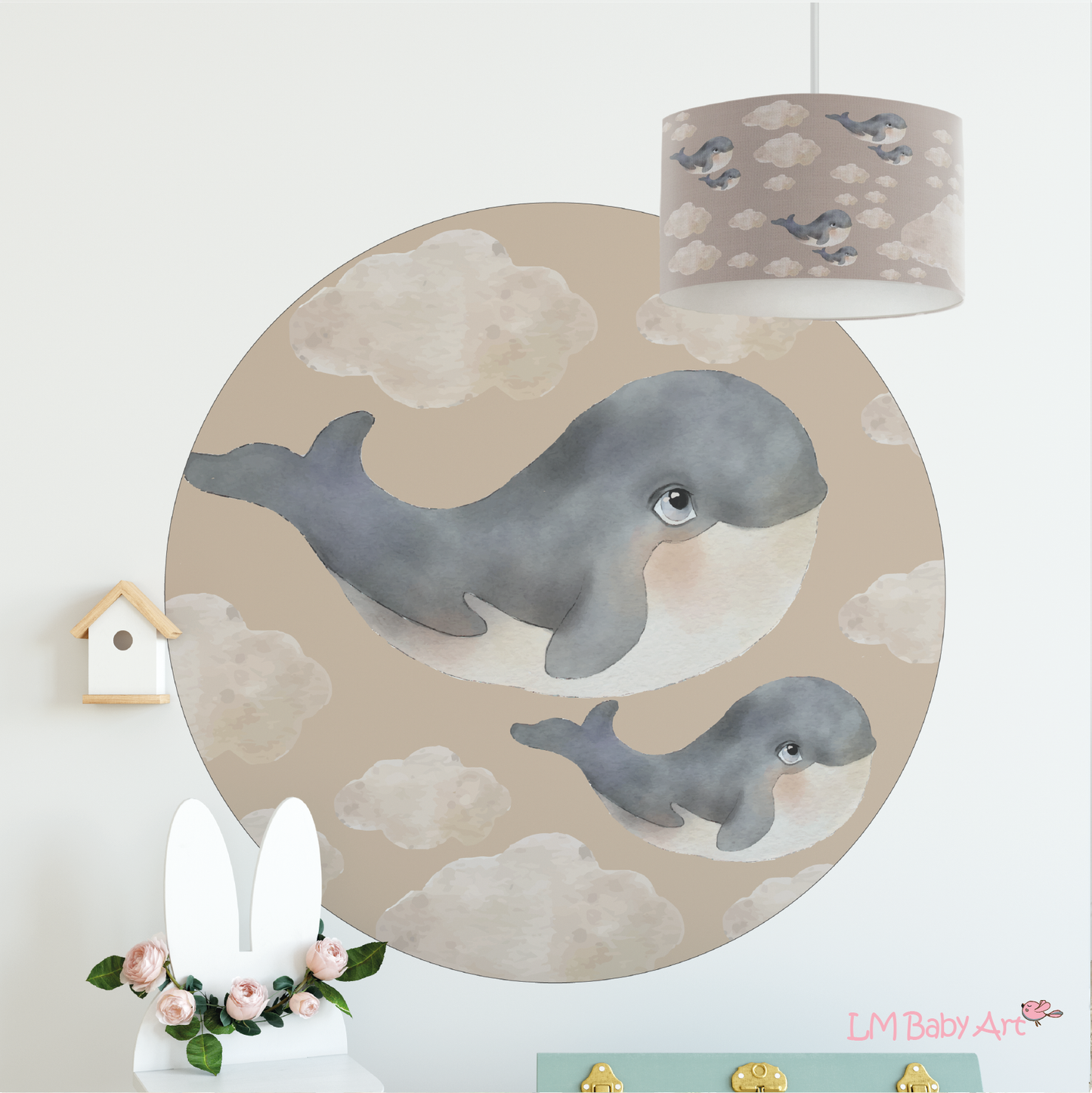 Muurcirkel walvissen roze wolk - LM Baby Art 