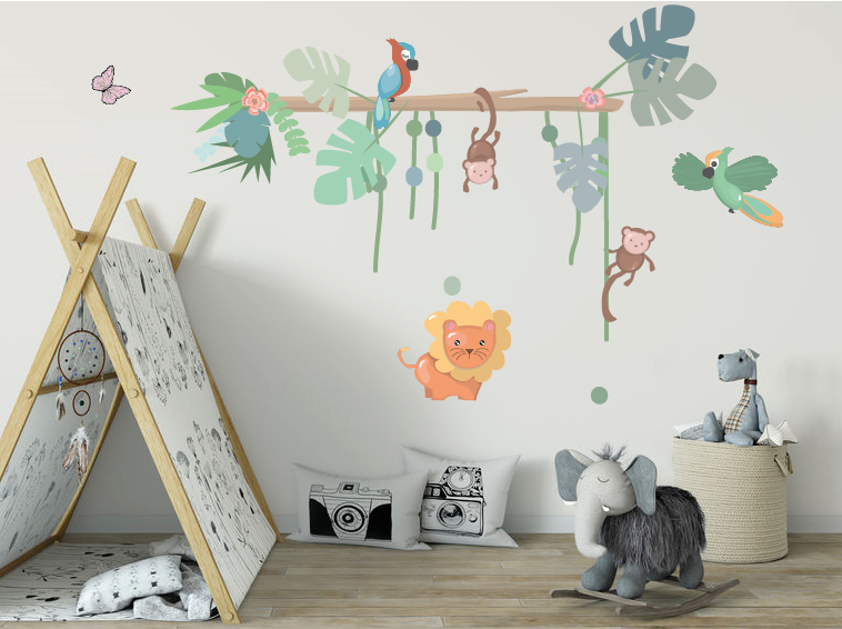 Sfeerafbeelding van de jungle muurstickers op de muur geplakt in de kinderkamer