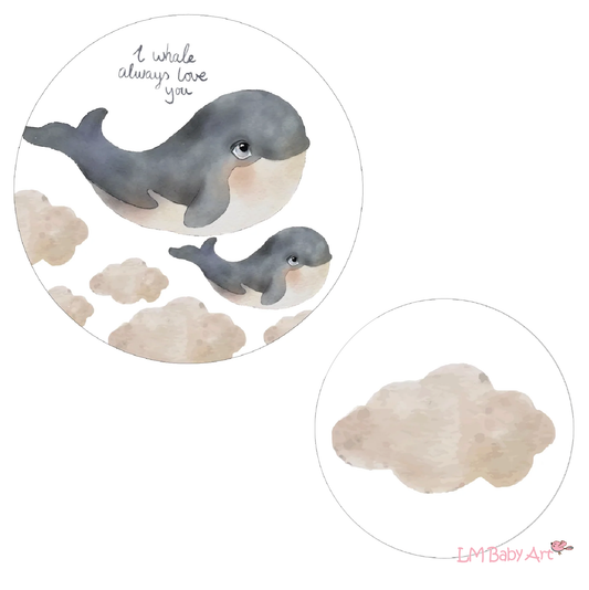 Muurcirkel set walvissen roze wolk - LM Baby Art | Muurdecoratie voor de allerkleinsten