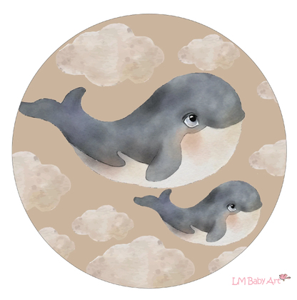Muurcirkel walvissen roze wolk | 30x30cm - LM Baby Art | Muurdecoratie voor de allerkleinsten